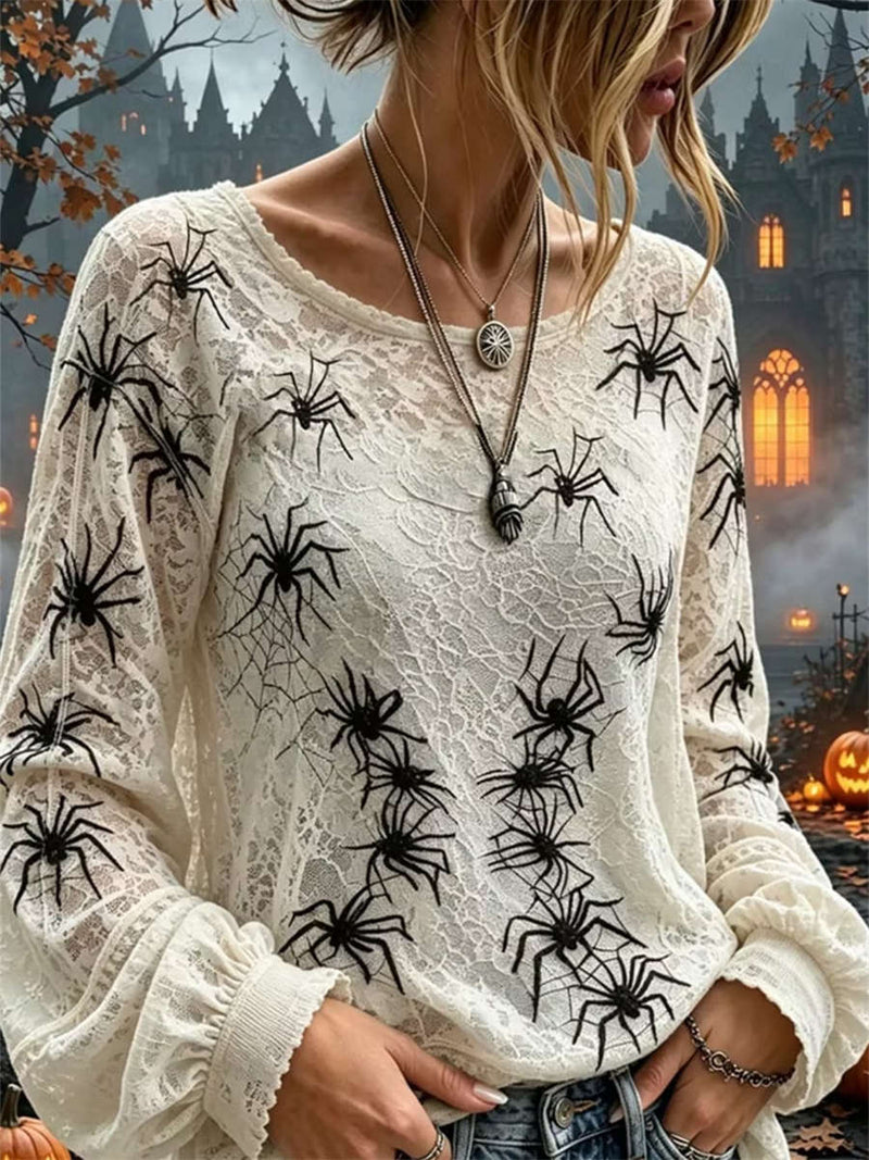Women's Halloween White Spider Lace Round Neck Long Sleeve Blouse