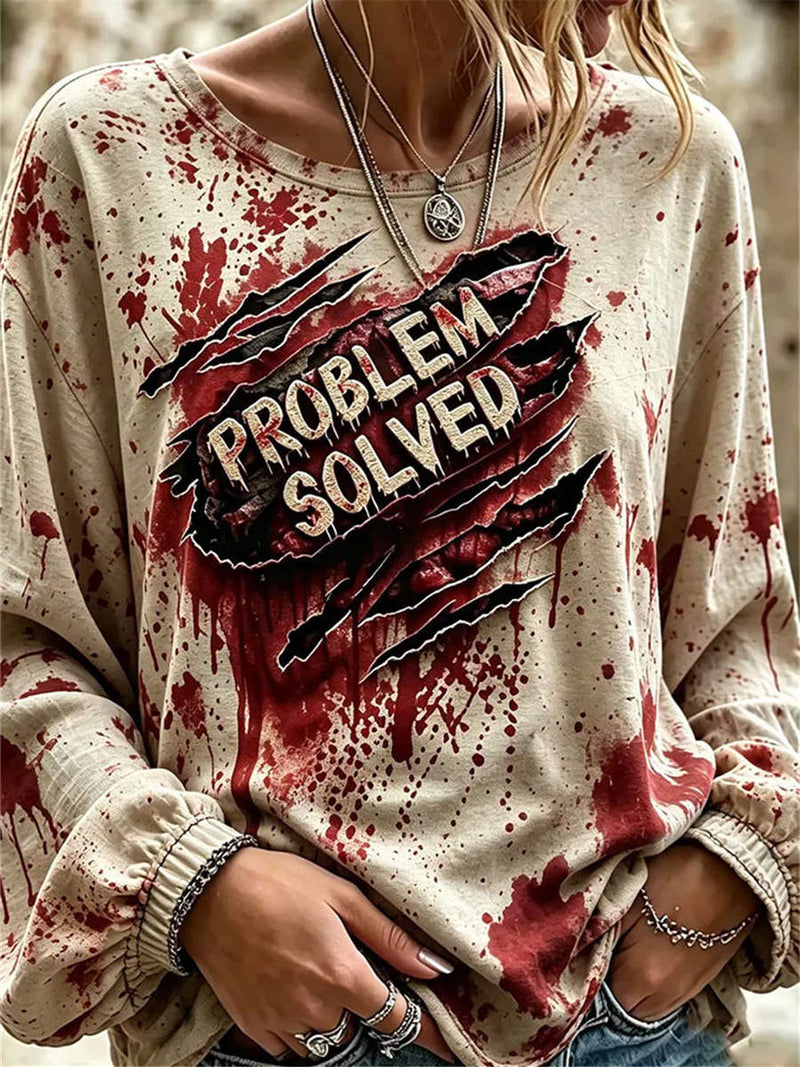 Women's Halloween Beige Blood Splatter Print Round Neck Long Sleeve Blouse