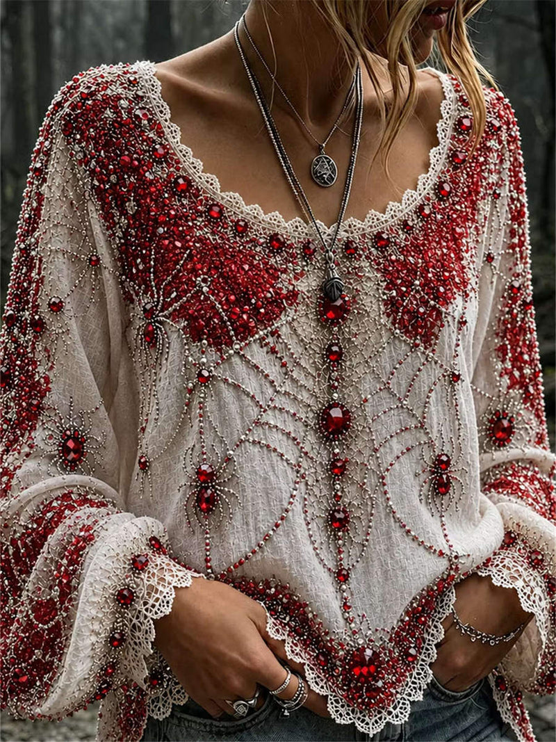 Women's Halloween White Red Beaded Lace V Neck Long Sleeve Blouse