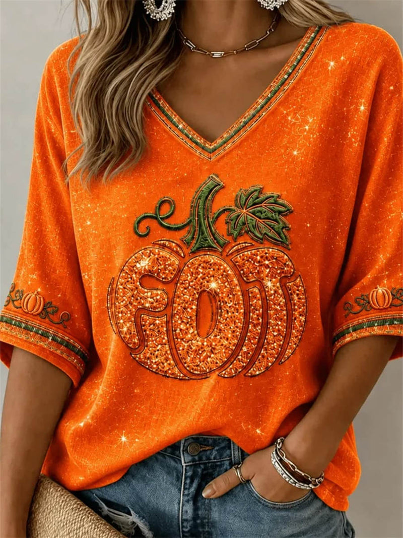 Women's Halloween Orange Pumpkin Print V Neck 3/4 Sleeve Blouse