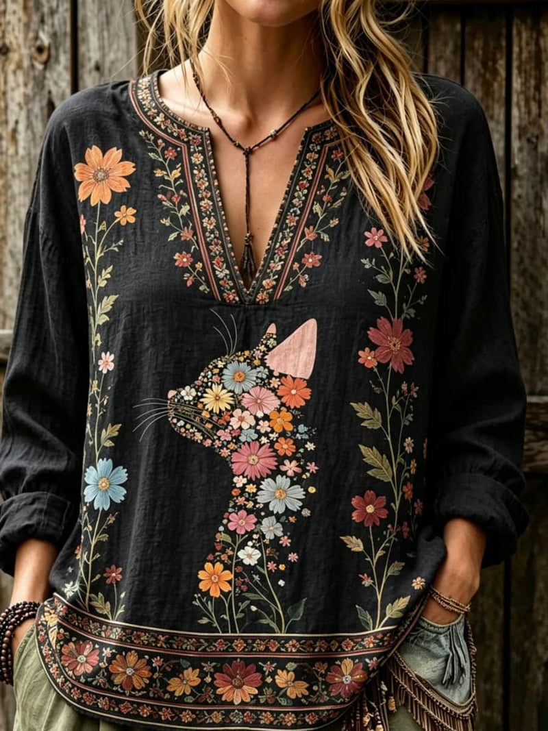 Women's Black Floral Cat Print V Neck Long Sleeve Blouse