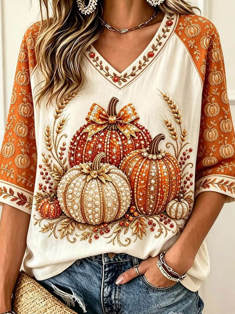 Women's Halloween Orange Pumpkin Bow Print V Neck 3/4 Sleeve Blouse