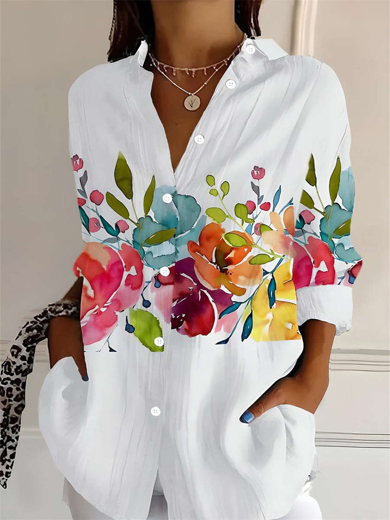 Women's White Watercolor Floral Print Roll Sleeve Button Down Blouse