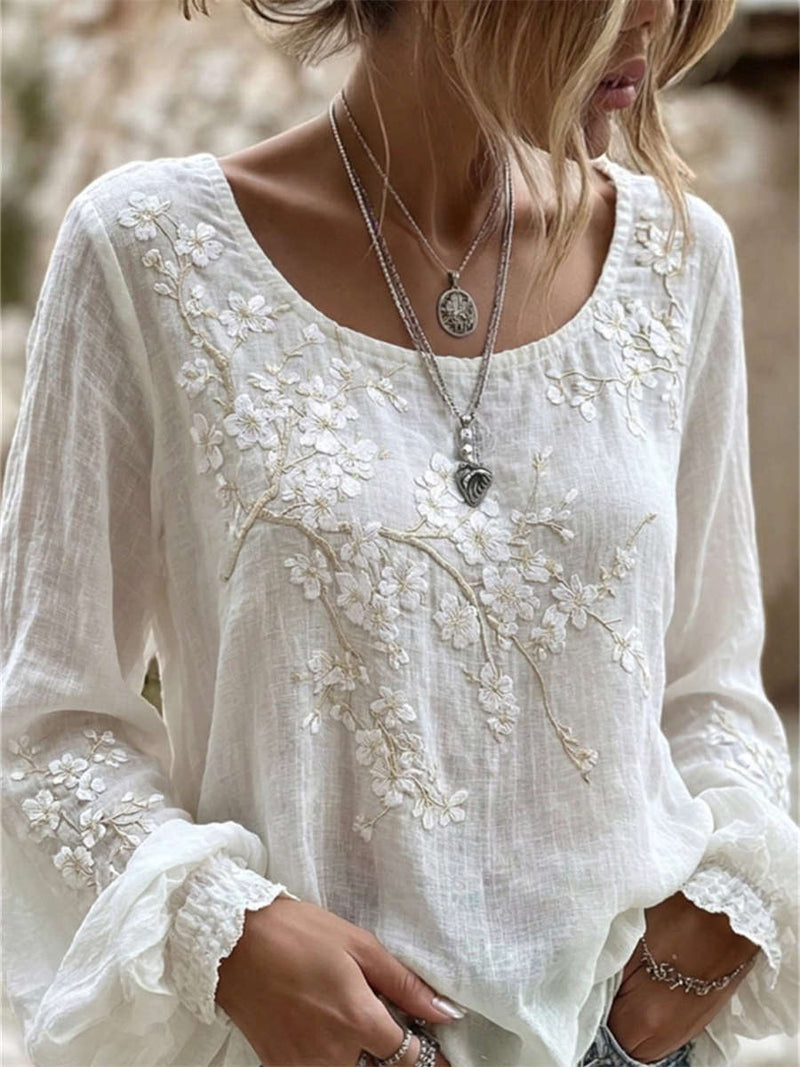 Women's White Plum Blossom Branch Embroidery Round Neck Ruffle Cuff Long Sleeve Linen Blouse