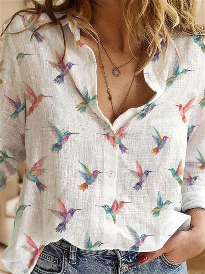 Women's White Linen Cotton Watercolor Hummingbird Print Collar Long Sleeve Blouse