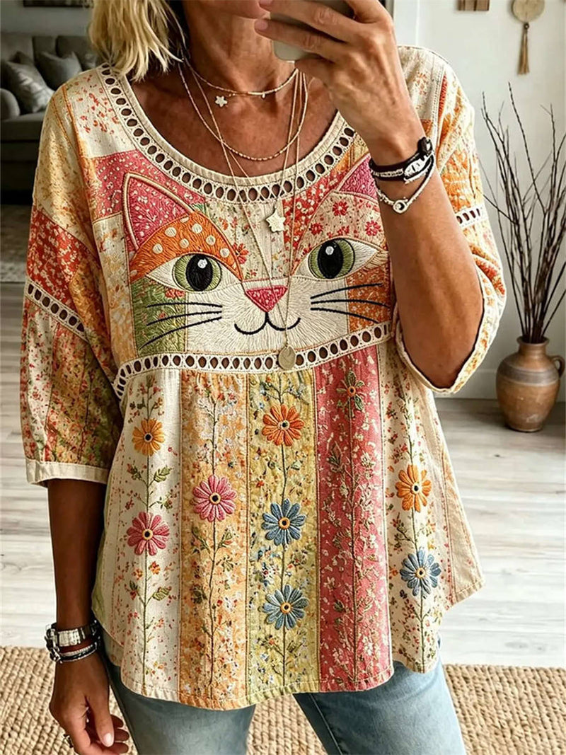 Women's Multicolor Cat Floral Patchwork Lace Round Neck 3/4 Sleeve Blouse