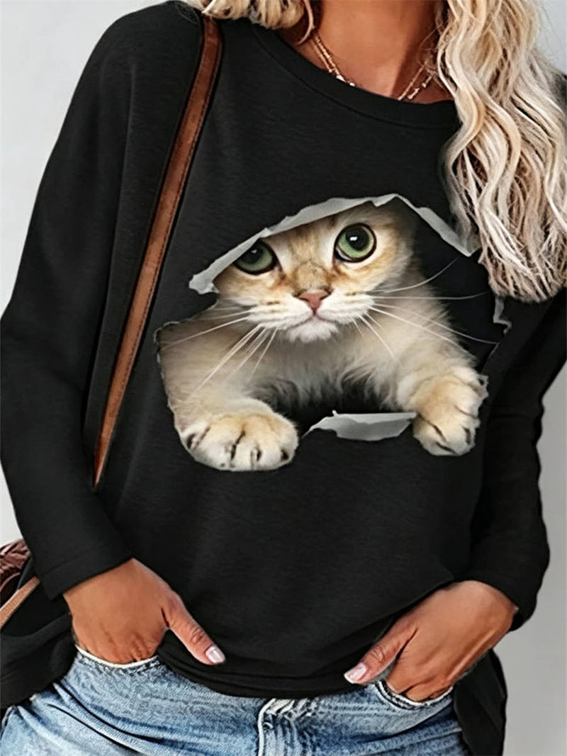 Women's Black 3D Cat Print Round Neck Long Sleeve Blouse