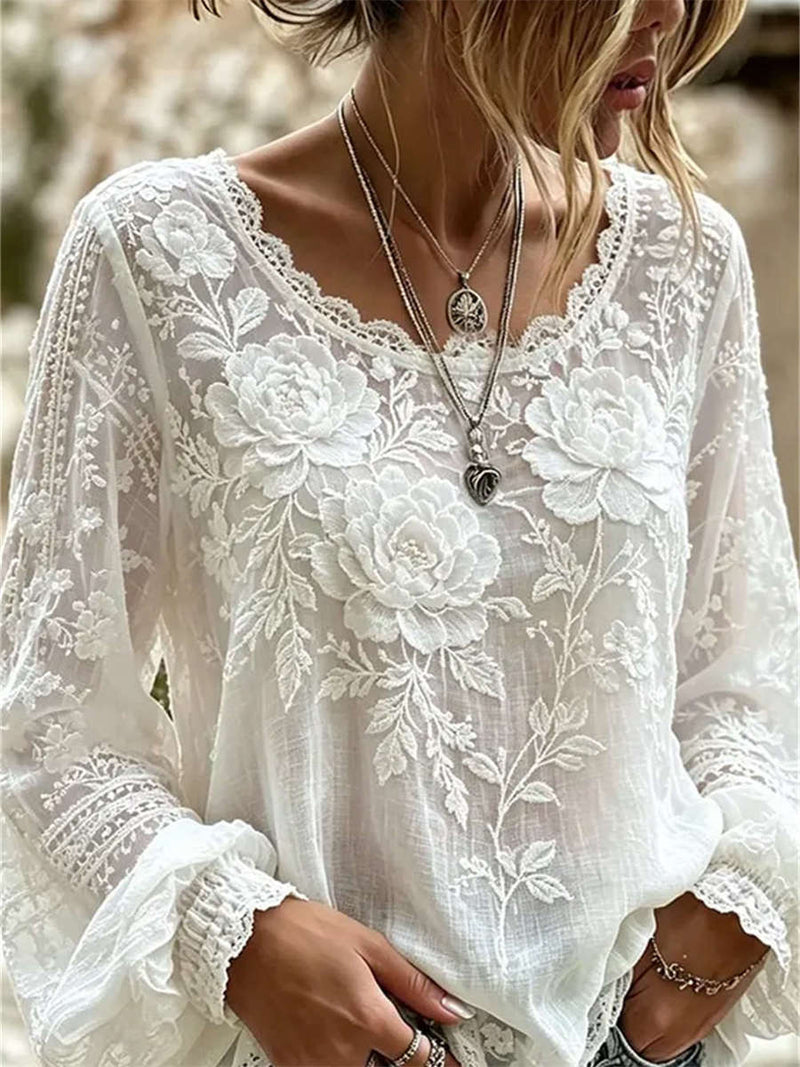Women's White 3D Peony Lace V Neck Long Sleeve Blouse