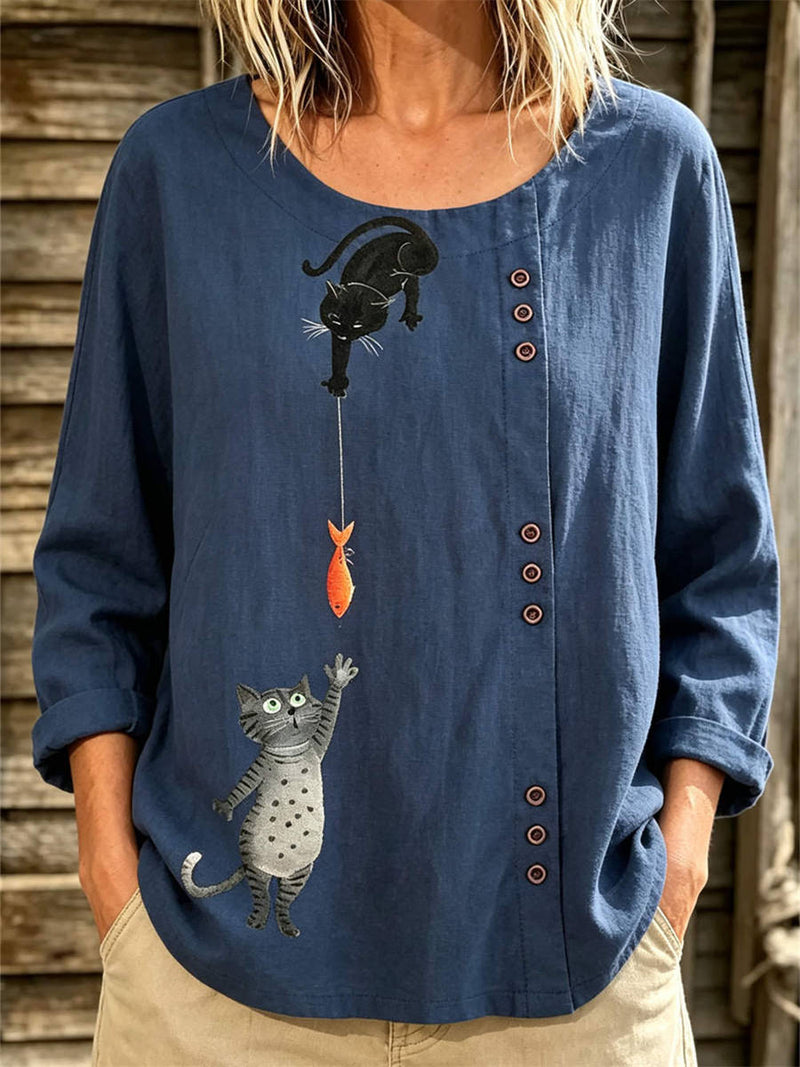 Women's Blue Cat Fish Print Round Neck 3/4 Sleeve Blouse