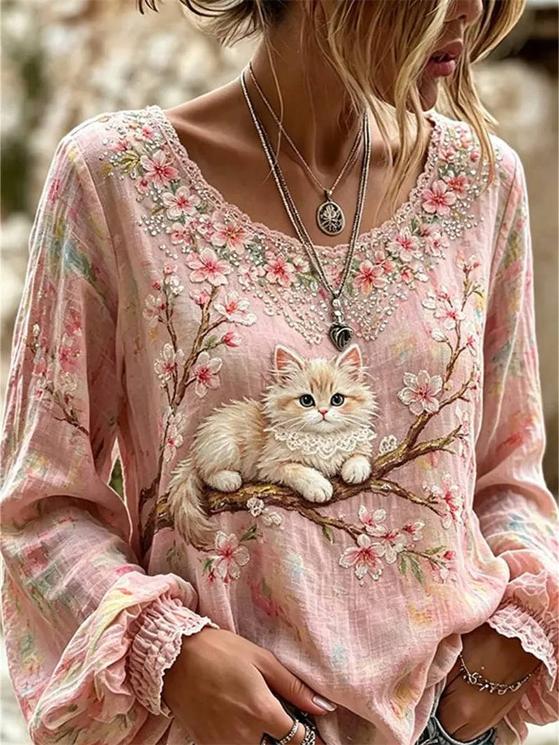 Women's Pink Cat Floral Lace V Neck Long Sleeve Blouse