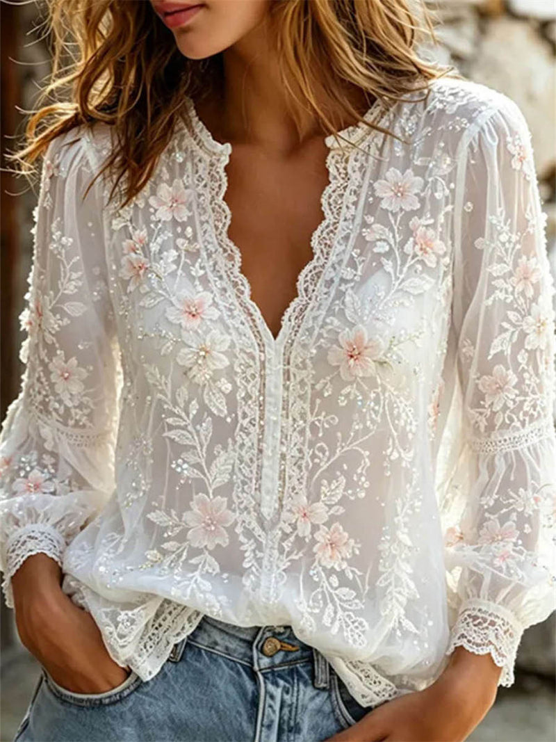 Women's White Pink Floral Mesh Lace V Neck Long Sleeve Blouse