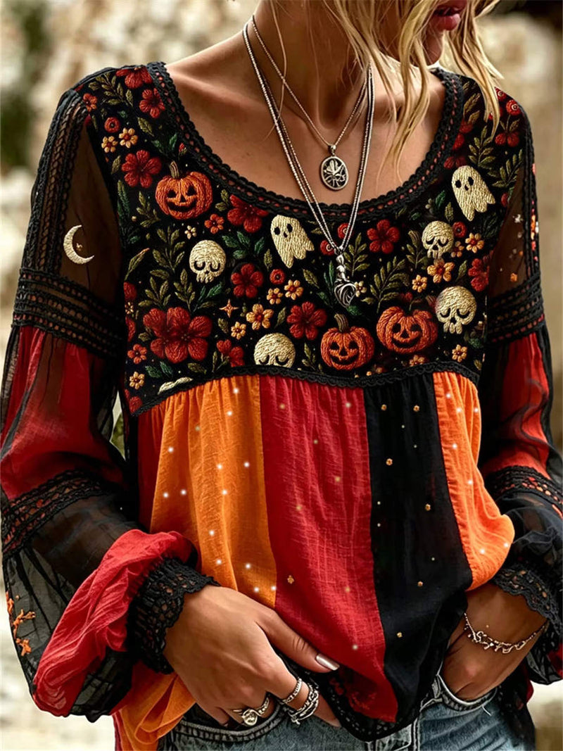 Women's Halloween Black Red Orange Floral Pumpkin Embroidery Patchwork Long Sleeve Blouse
