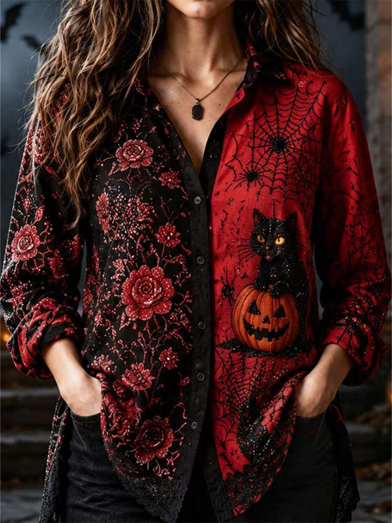 Women's Halloween Black Red Cat Pumpkin Print Lapel Collar Long Sleeve Shirt