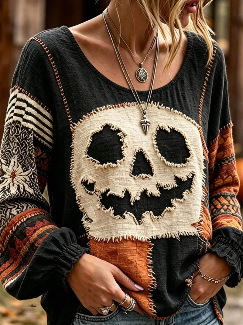 Women's Halloween Black Orange Pumpkin Patchwork Round Neck Long Sleeve Blouse
