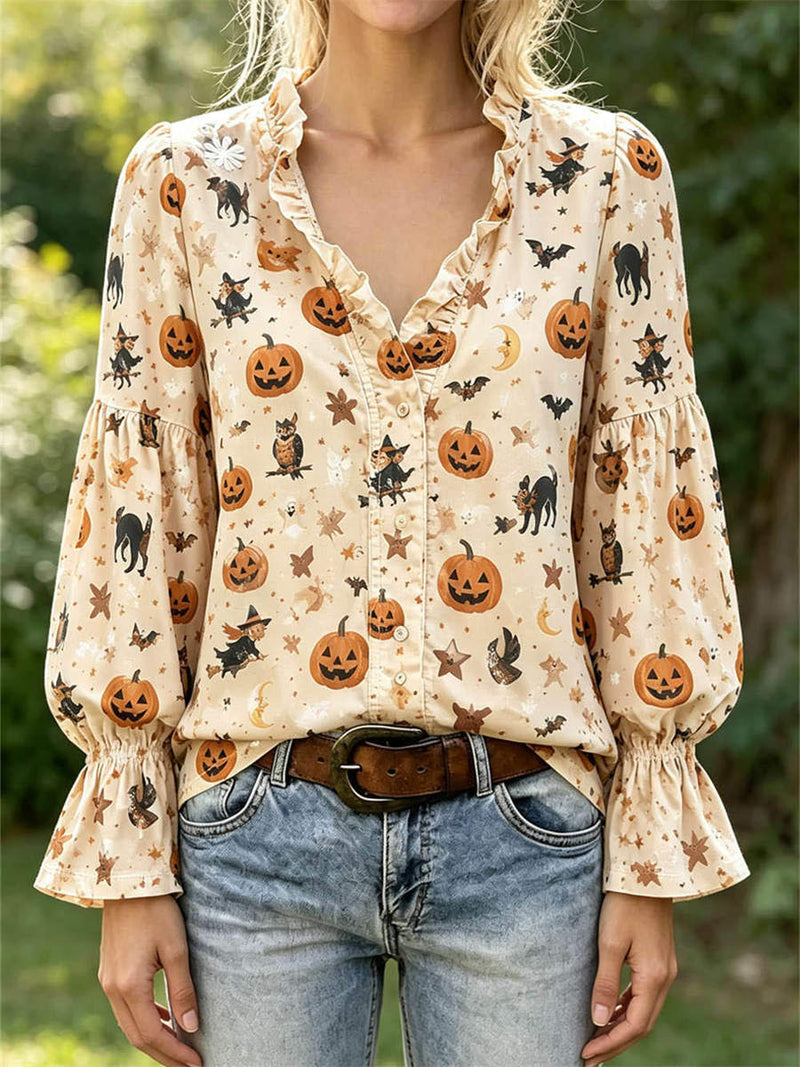 Women's Halloween Multi Pumpkin Witch Round Neck Ruffle Sleeve Blouse