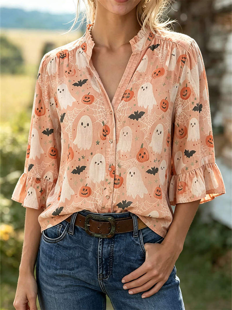 Women's Halloween Multi Ghost Pumpkin V Neck Ruffle Sleeve Blouse