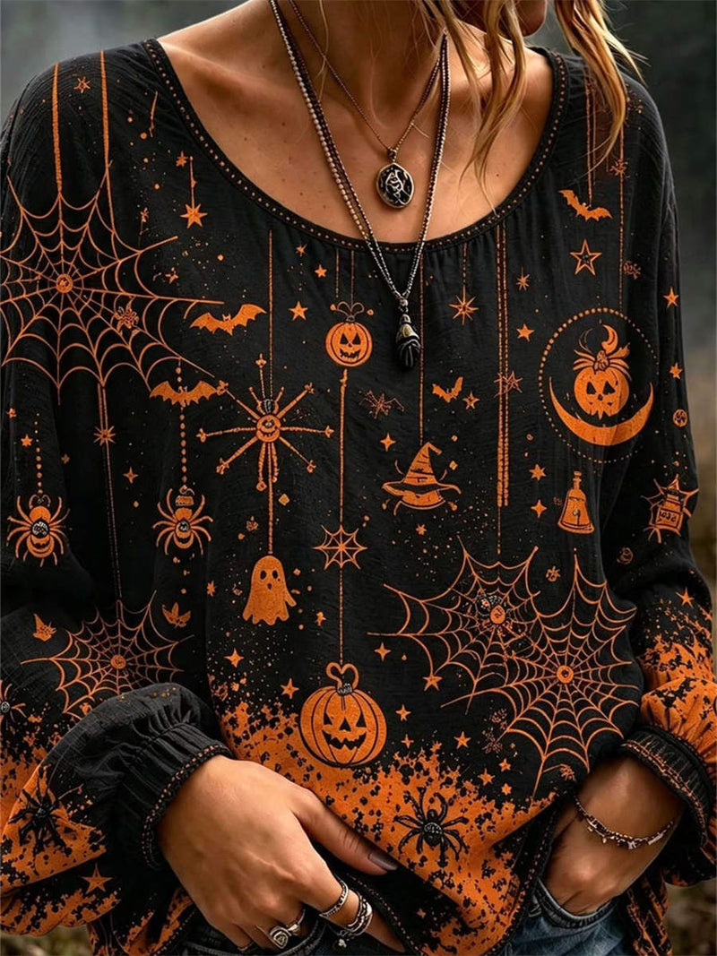 Women's Halloween Black Orange Spider Round Neck Long Sleeve Blouse