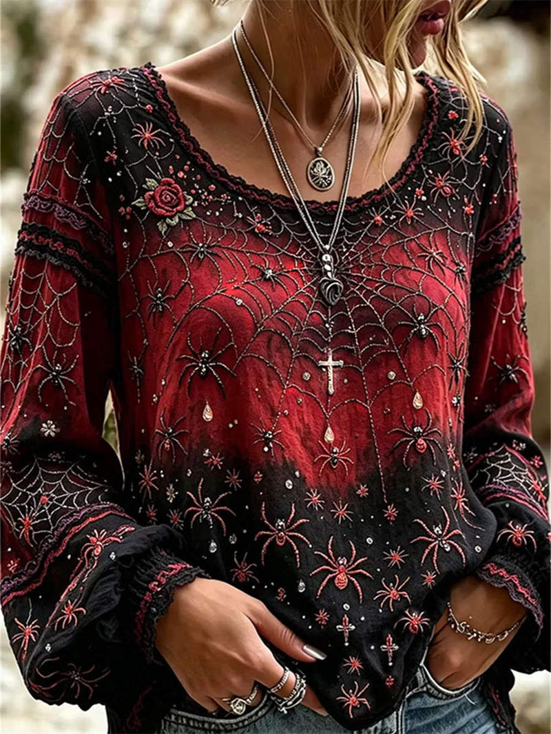 Women's Halloween Black Red Spider Web Round Neck Long Sleeve Blouse