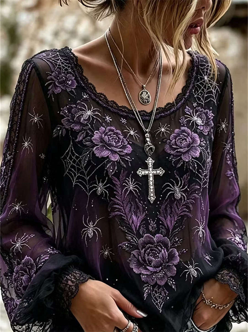 Women's Halloween Multi Floral Spider Web Round Neck Long Sleeve Blouse