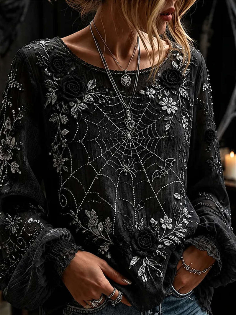 Women's Halloween Black Spider Web Round Neck Long Sleeve Blouse