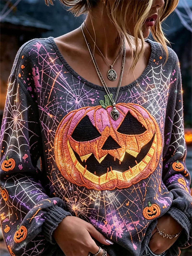 Women's Halloween Purple Pumpkin Spider Web Round Neck Long Sleeve Blouse