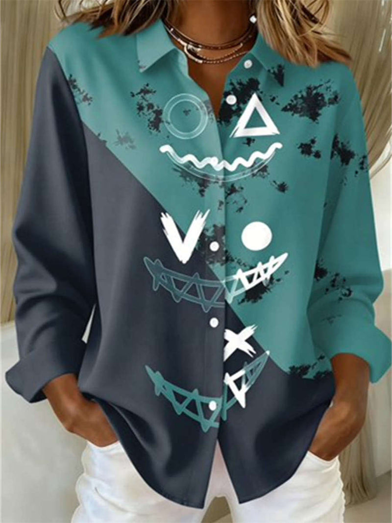 Women's Halloween Multi Geometric Print Collared Long Sleeve Shirt