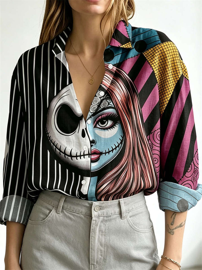 Women's Halloween Multi Skull Face Print Collared Long Sleeve Shirt