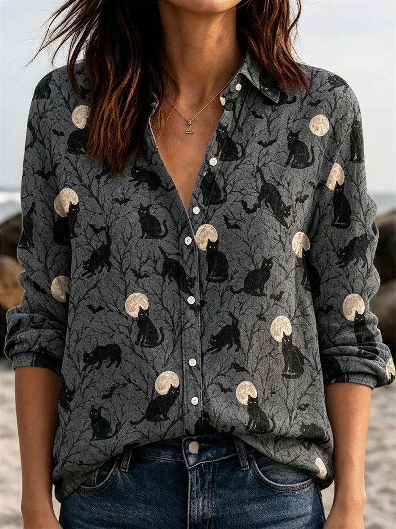 Women's Halloween Grey Cat Moon Print Collared Long Sleeve Shirt