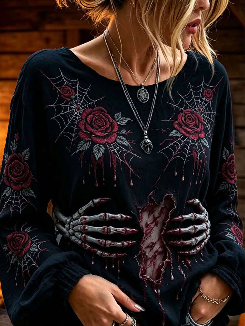 Women's Halloween Black Rose Skeleton Print Round Neck Long Sleeve Blouse