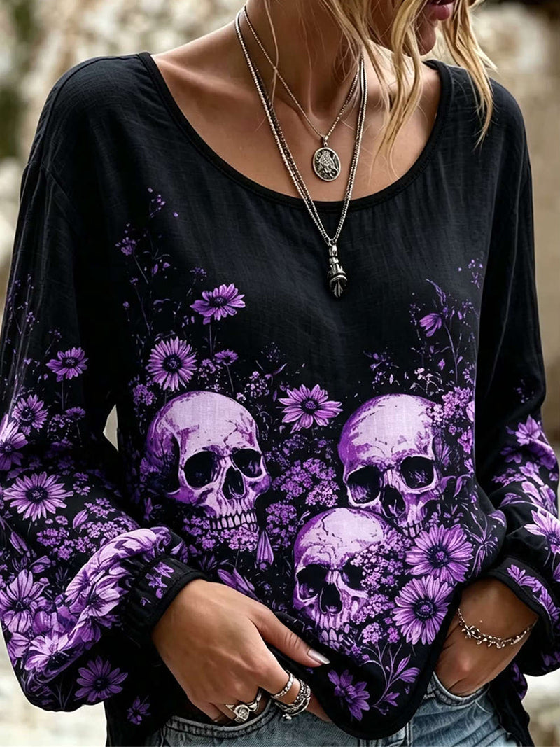 Women's Halloween Purple Skull Floral Print Round Neck Long Sleeve Blouse