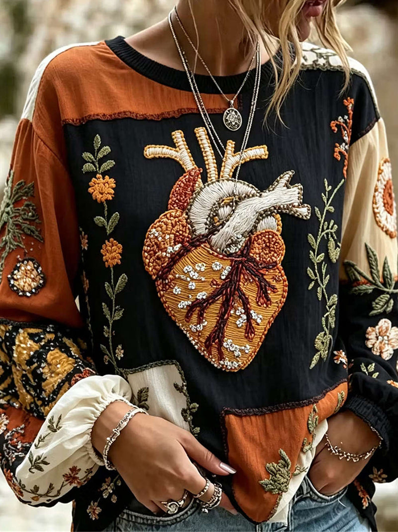 Women's Halloween Multi Anatomical Heart Print Round Neck Long Sleeve Blouse