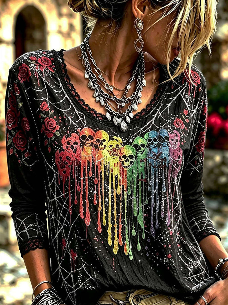Women's Halloween Multi Rainbow Skull Print V Neck Long Sleeve Blouse