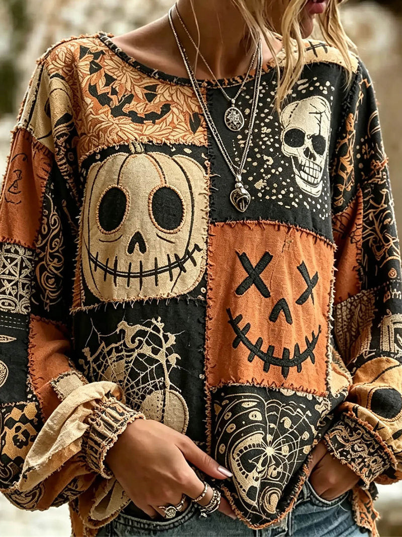 Women's Halloween Multi Patchwork Skull Print Round Neck Long Sleeve Blouse