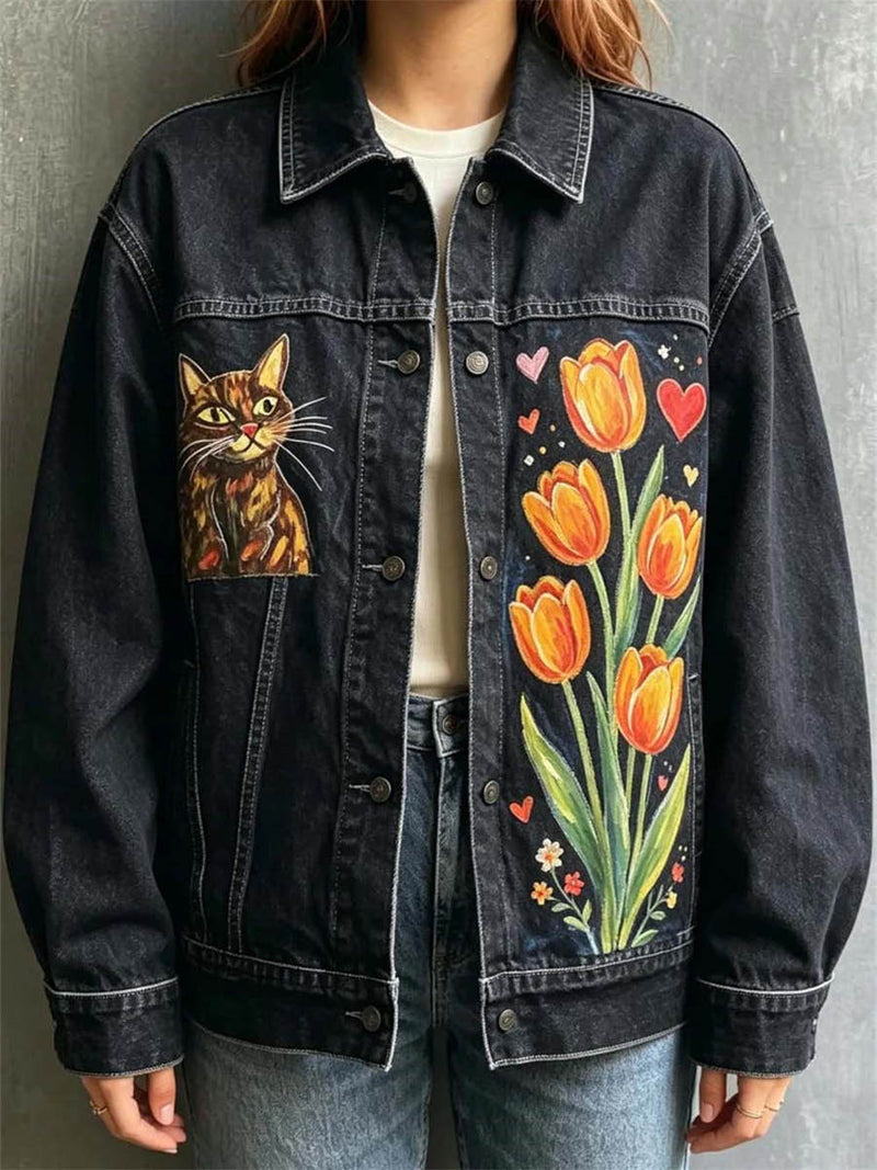 Women's Dark Blue Cat Floral Point Collar Denim Jacket
