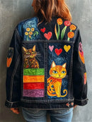 Women's Dark Blue Cat Floral Point Collar Denim Jacket