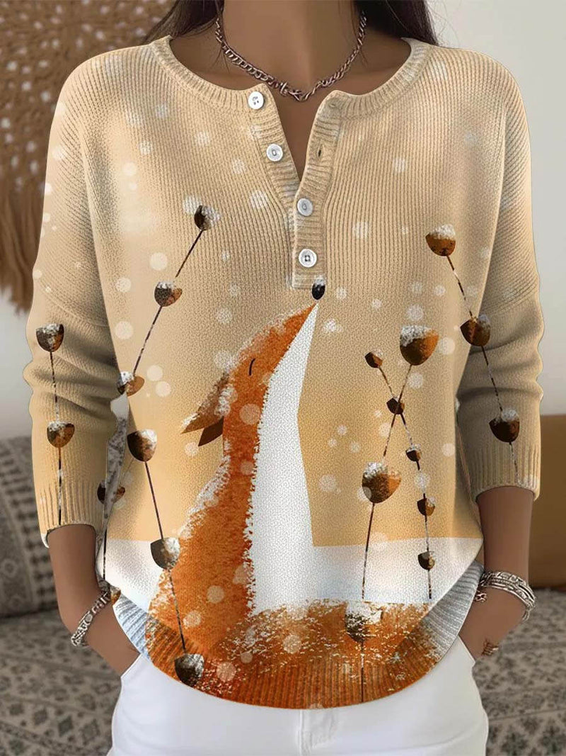 Women's Beige Fox Round Neck Sweater
