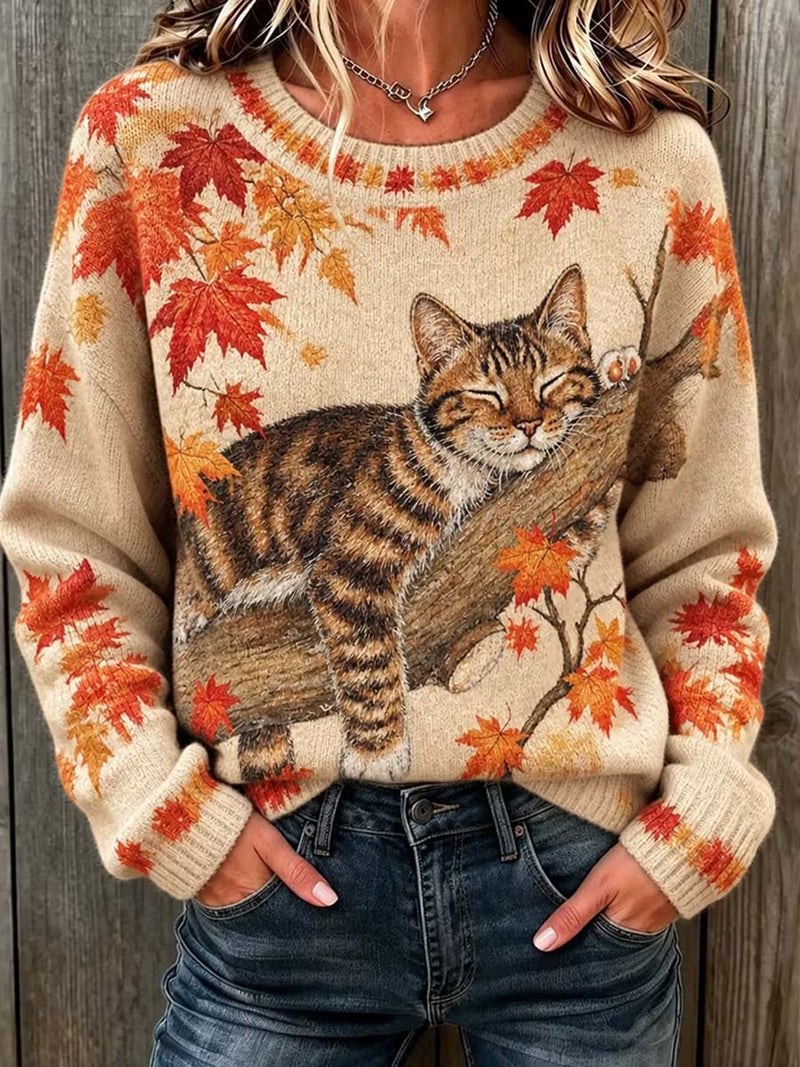 Women's Beige Cat Maple Leaf Print Round Neck Sweater
