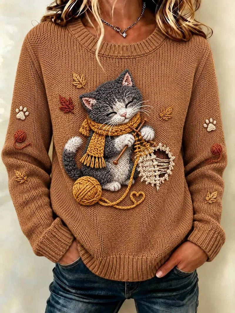 Women's Brown Cat Graphic Round Neck Long Sleeve Sweater