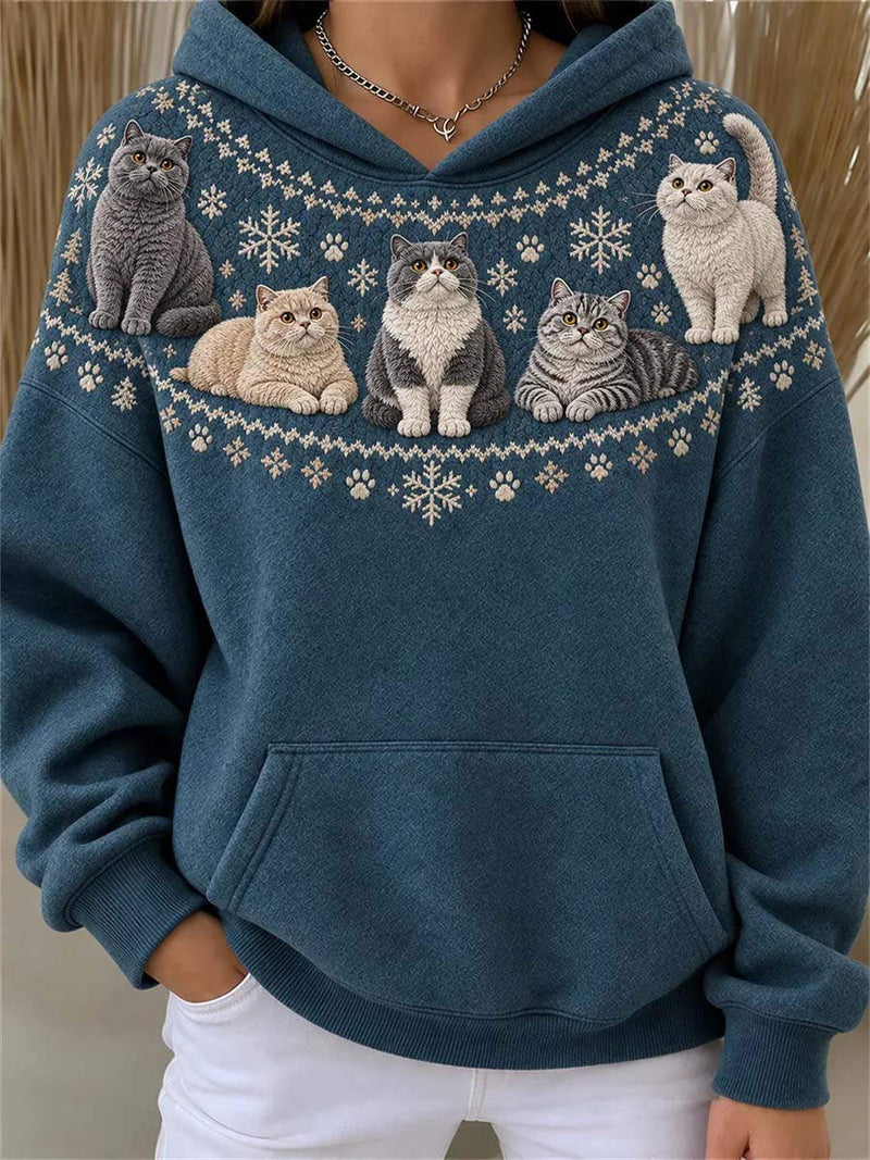 Women's Teal Cat Fair Isle Print Long Sleeve Hoodie