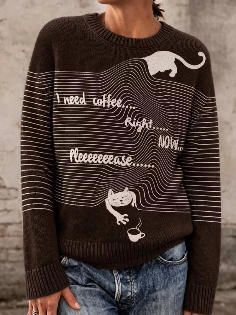 Women's Brown Cat And Coffee Letter Print Crew Neck Long Sleeve Sweater