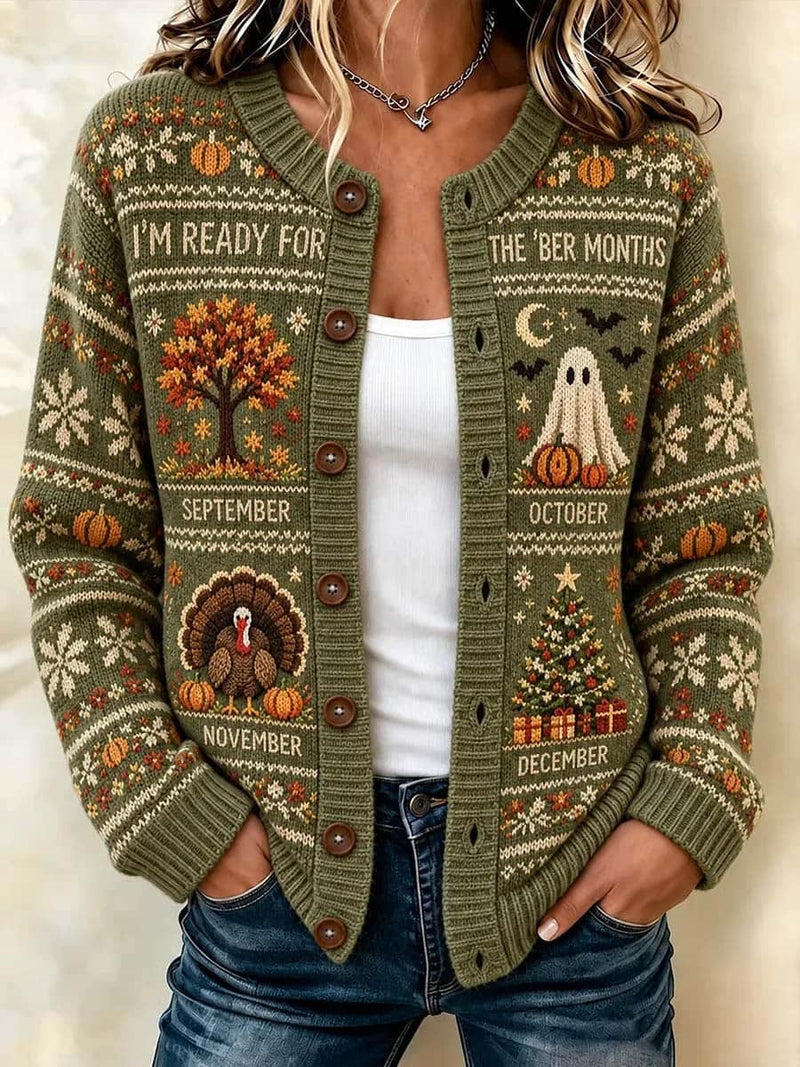 Women's Thanksgiving Green Holiday Theme Round Neck Long Sleeve Cardigan