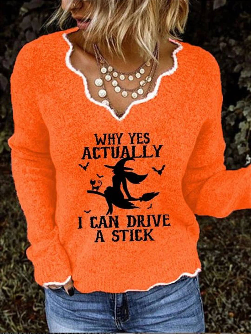 Women's Halloween Orange Witch Bat Text Scallop V Neck Long Sleeve Sweater