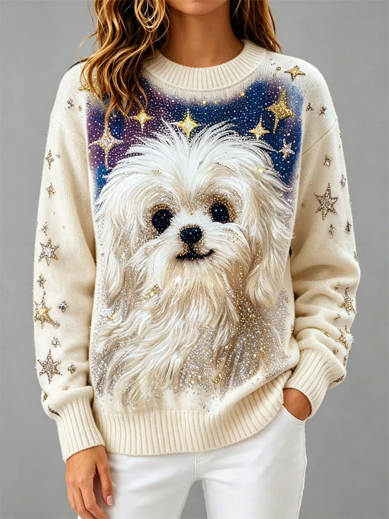 Women's Cream Dog Star Print Round Neck Sweater