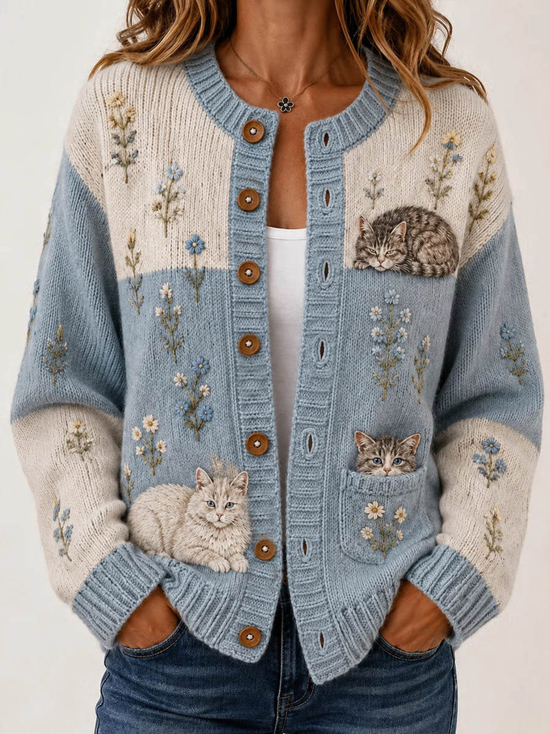 Women's Light Blue Cat Floral Embroidered Round Neck Long Sleeve Cardigan