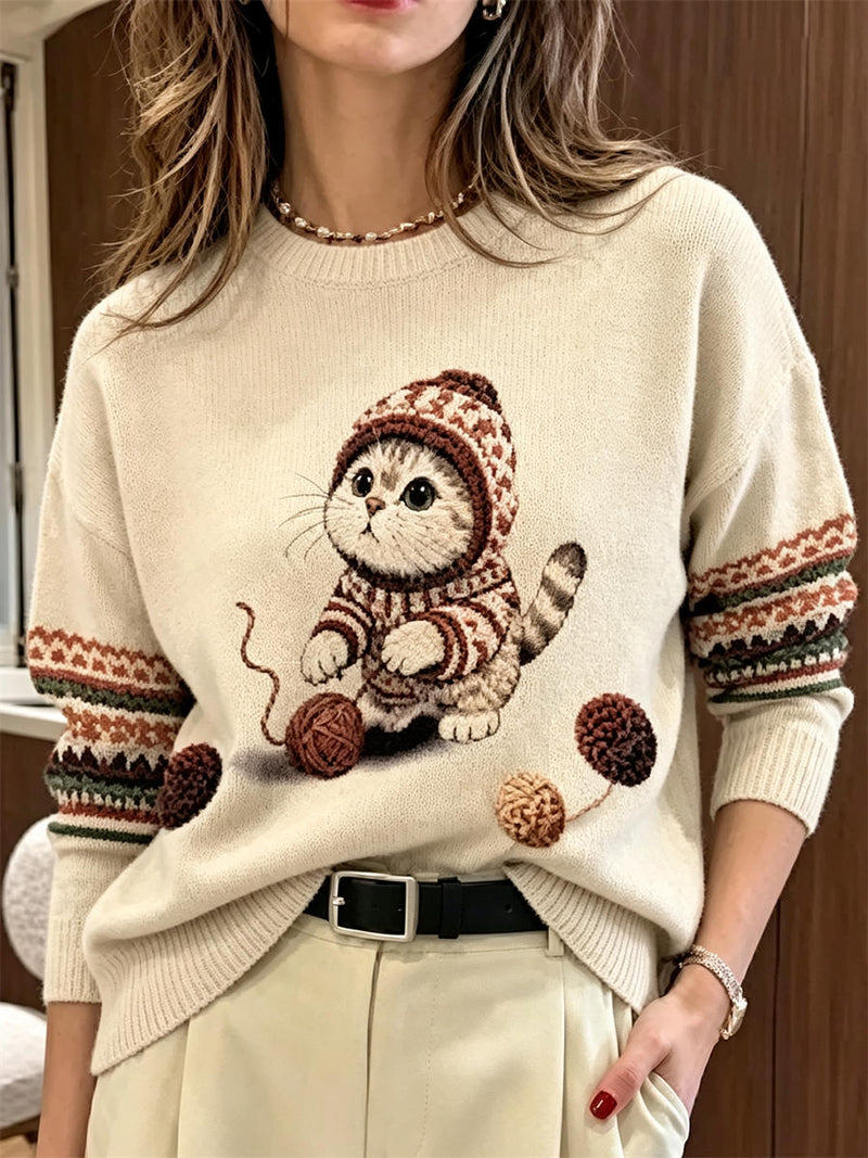 Women's Cream Cat Knit Print Round Neck Long Sleeve Sweater