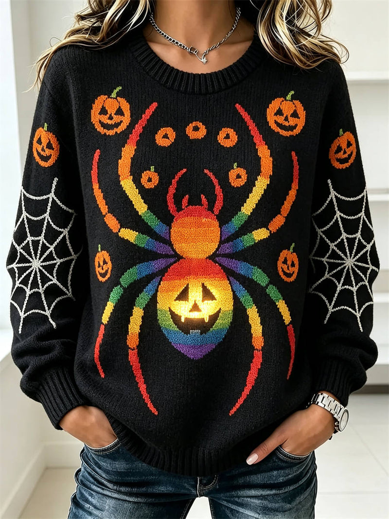 Women's Halloween Black Rainbow Spider Pumpkin Print Round Neck Long Sleeve Sweater