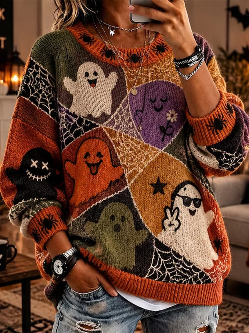 Women's Halloween Multi Ghost Spider Web Print Round Neck Long Sleeve Sweater