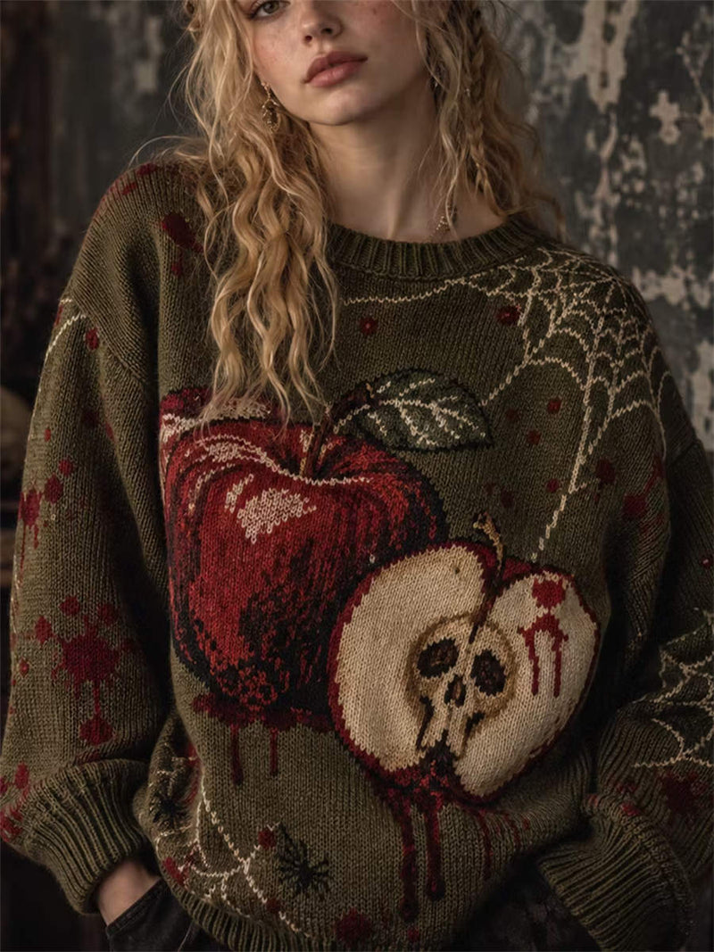 Women's Halloween Green Skull Apple Spider Web Print Round Neck Long Sleeve Sweater