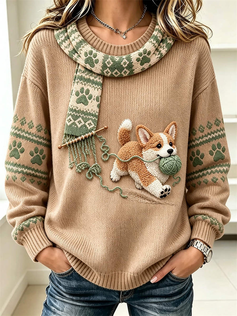 Women's Beige Corgi Yarn Print Round Neck Long Sleeve Sweater