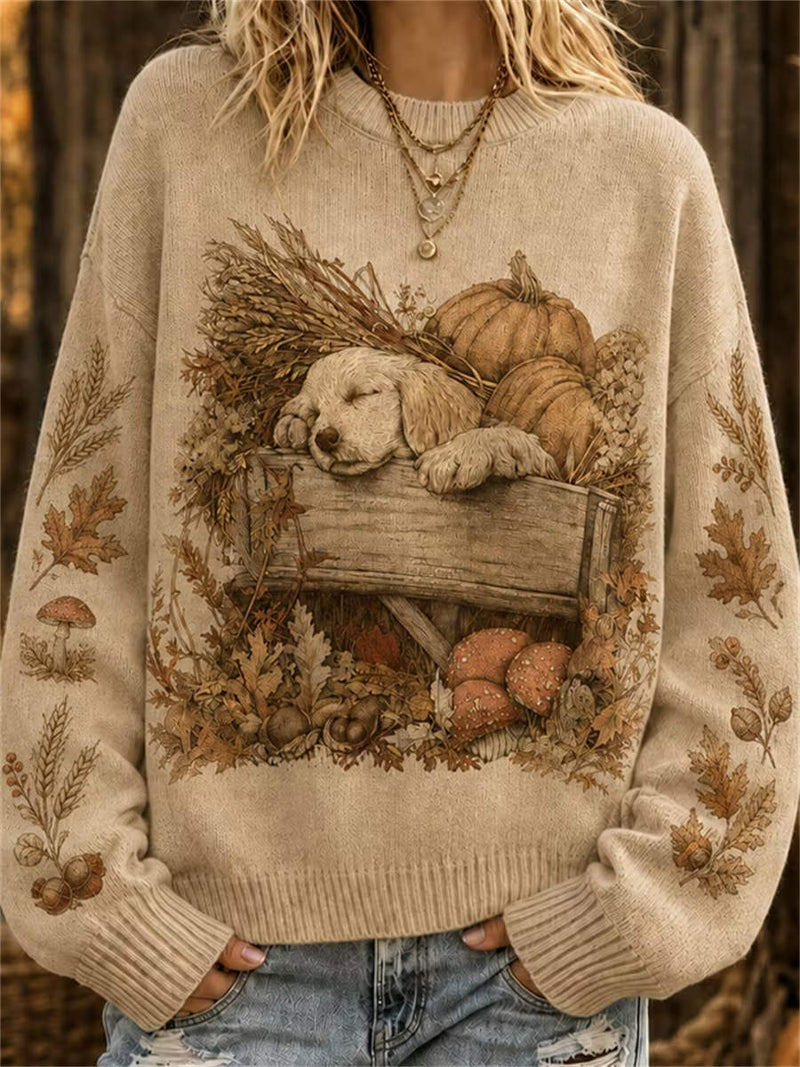 Women's Beige Dog Pumpkin Maple Leaf Print Round Neck Long Sleeve Sweater